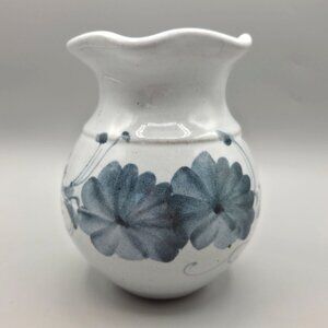Studio Pottery Vase Blue Floral Hand Painted Artist Signed Base Scalloped Rim
